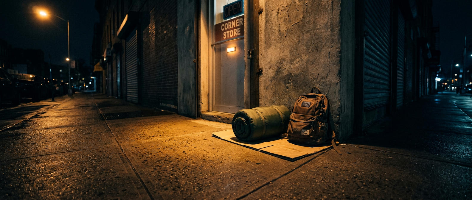 A rolled sleeping bag and backpack set neatly on the sidewalk outside a corner store at night, lit by a streetlamp
