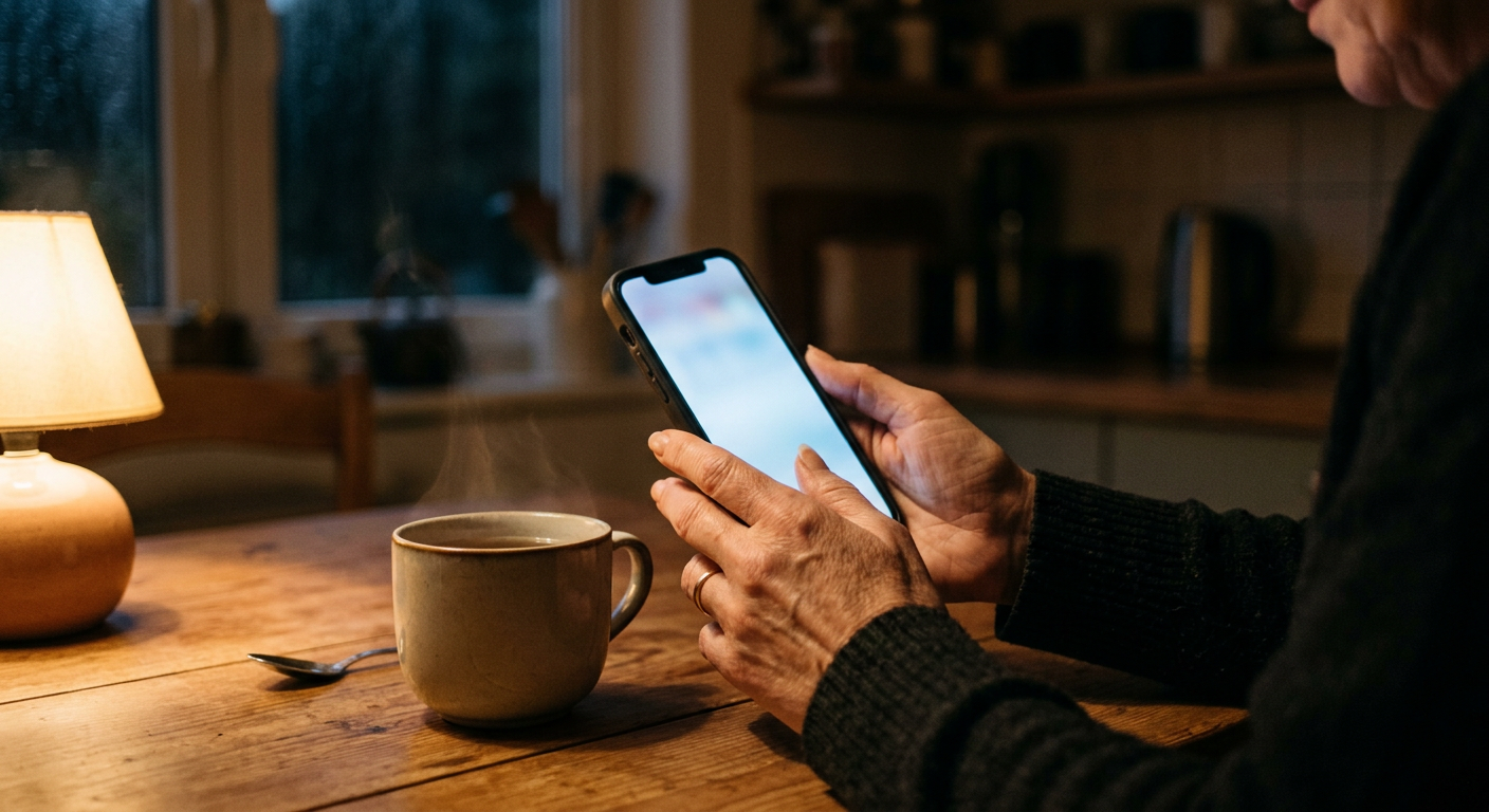 Hands holding a phone at a kitchen table late at night, lit by a small lamp beside a mug of tea