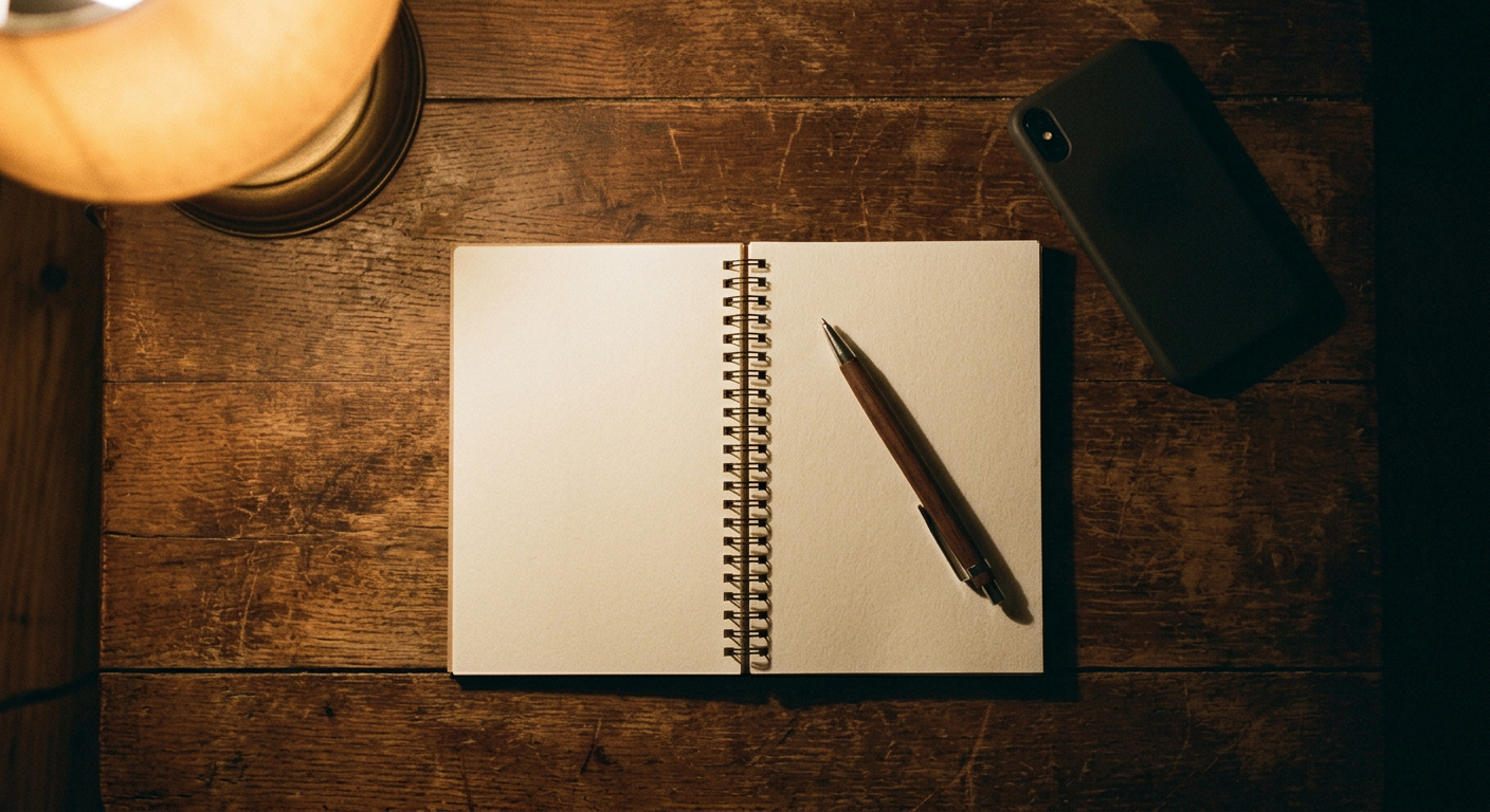 A blank open notepad, a pen, and a phone resting face down on a wooden table, lit by a warm lamp